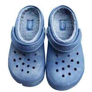 Kids Crocs Classic Lined Clogs Navy Size 1 With Fuzzy Gray Lining & Strap
